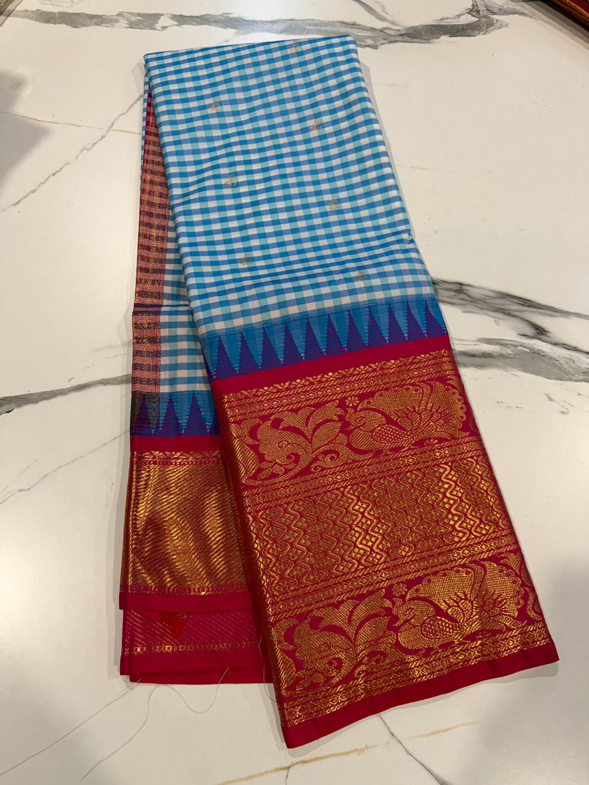 SGC-2500 Madras checks gadwal sky blue n pink border saree