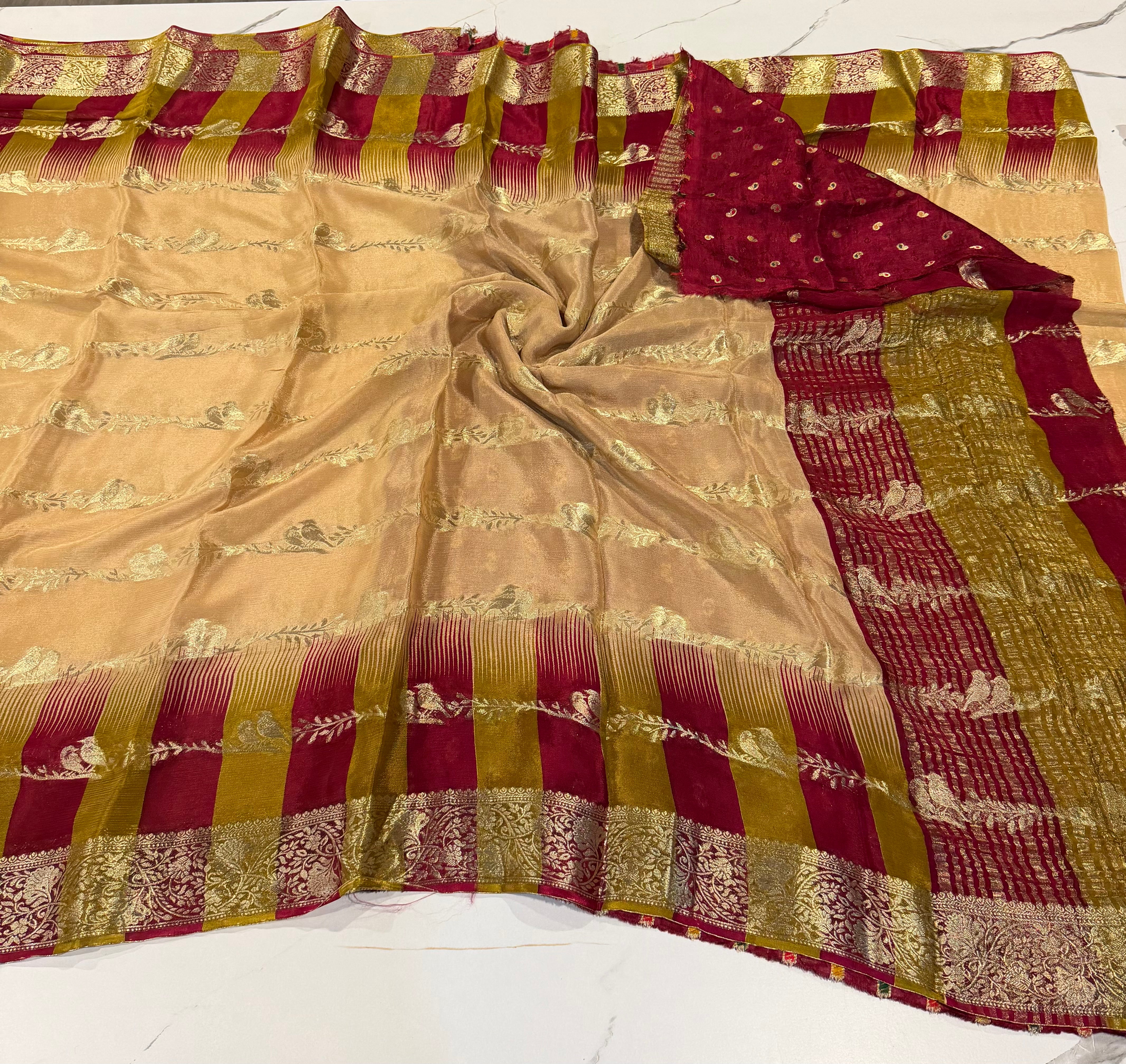 MW-R Cream saree Marron n mahendi green borders