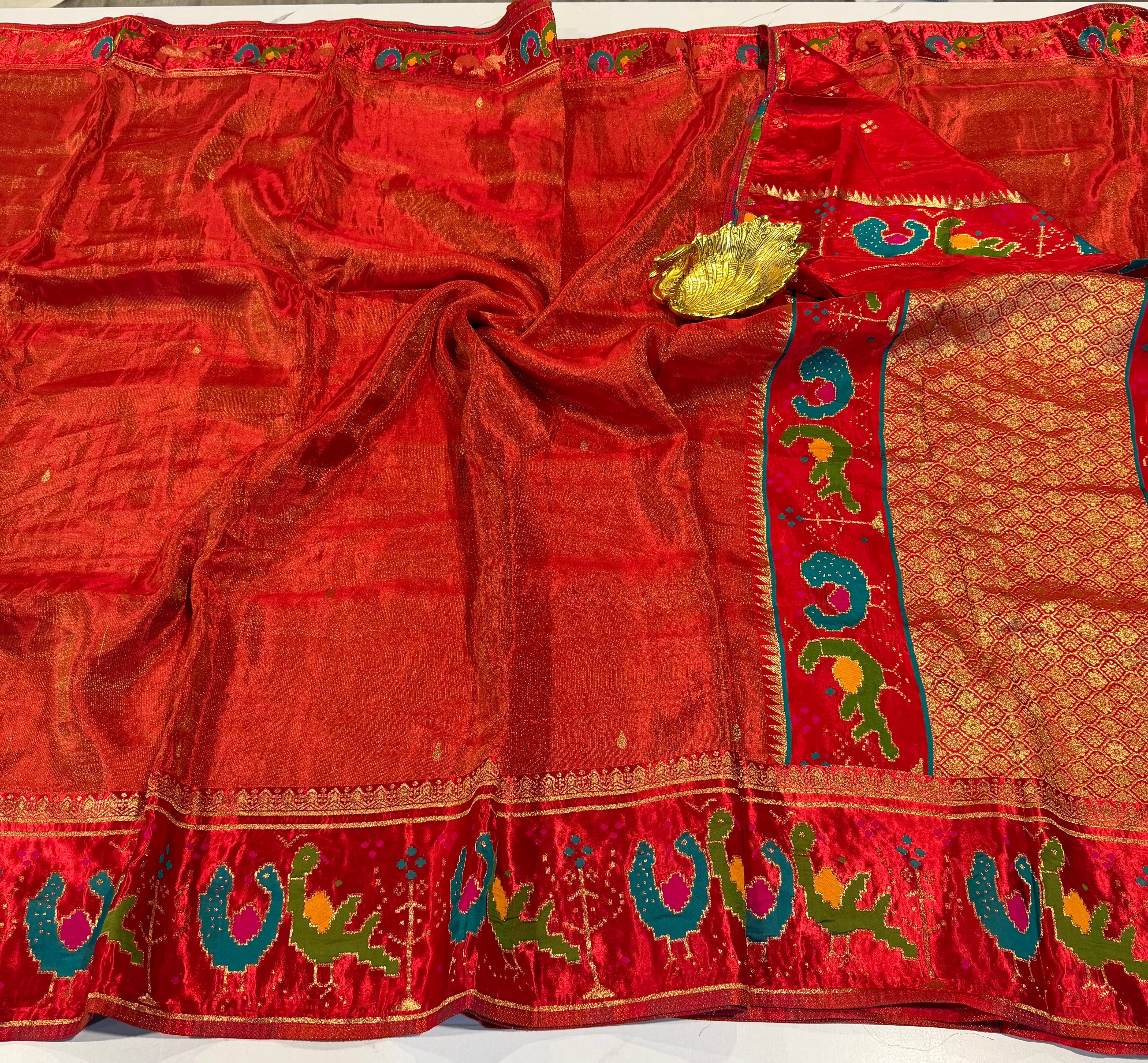 T-2998 Red banaras tissue Mashru borders saree