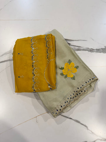 C-999 crème colour chinnon crepe saree