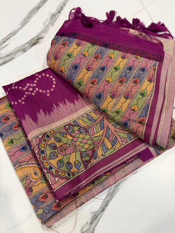 TM-9 purple saree Tussar Bhandij