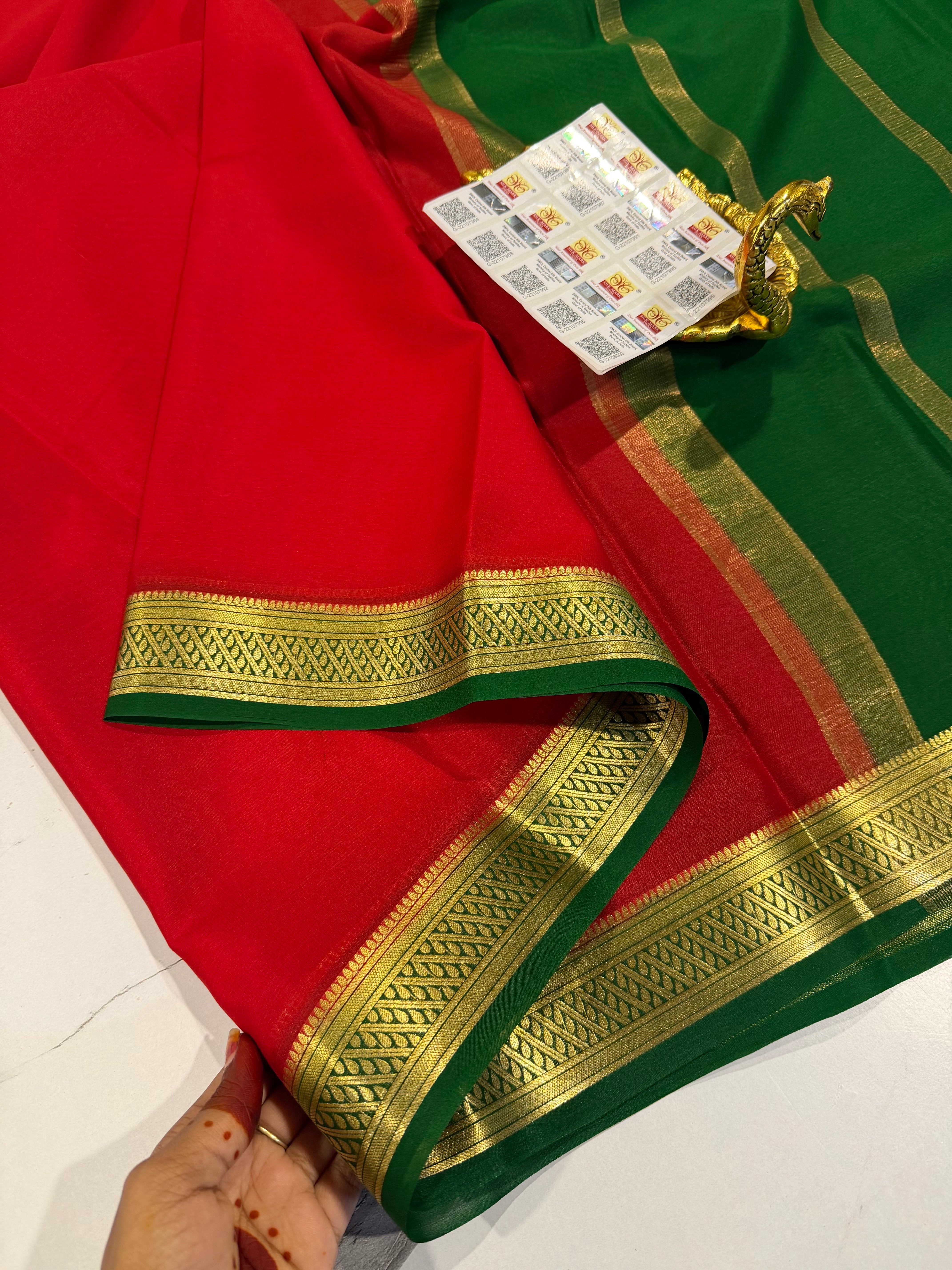 PM- 5700 red and green border Mysore crepe silk saree