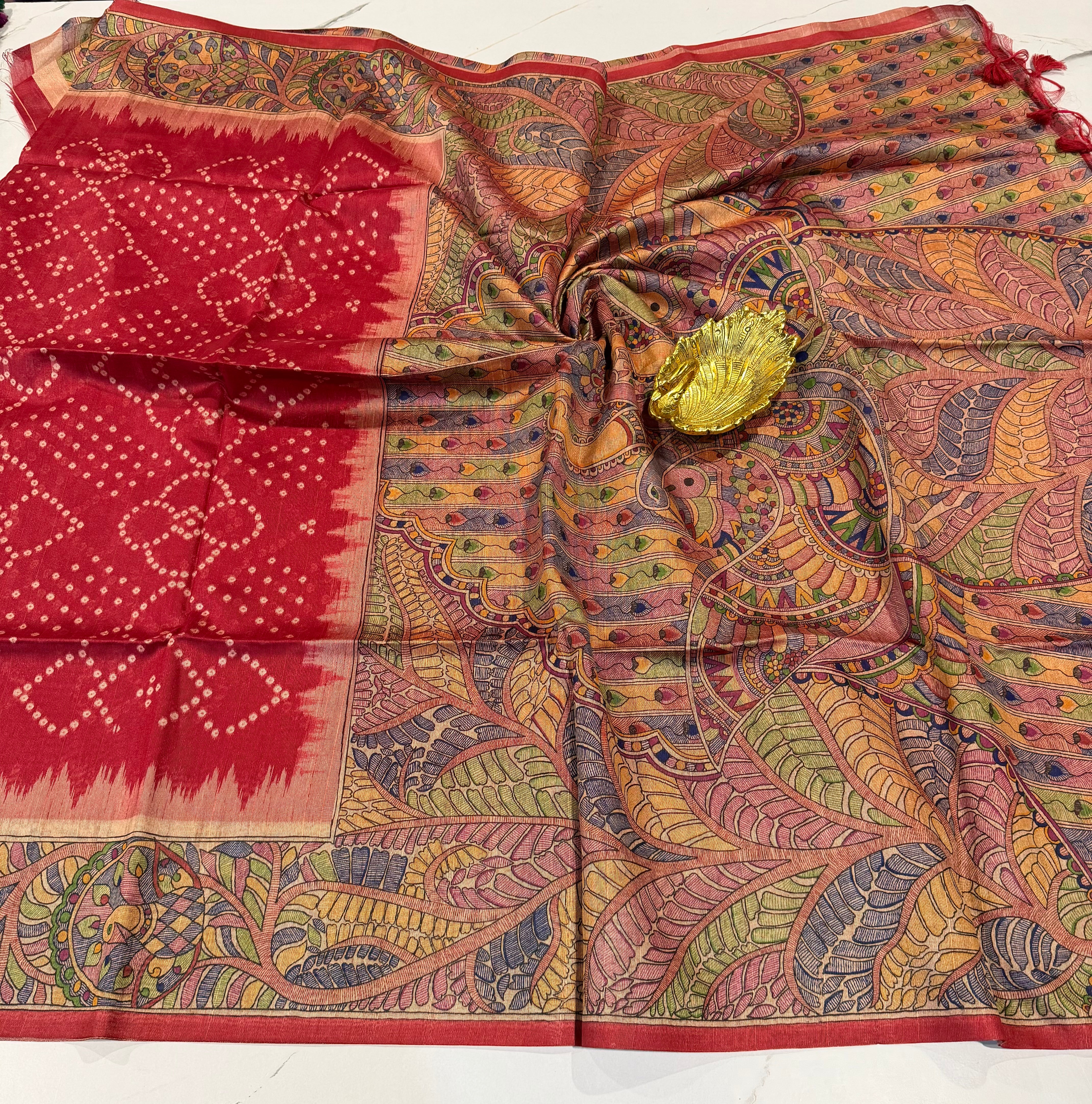 TM-9 Red saree Tussar Bhandij