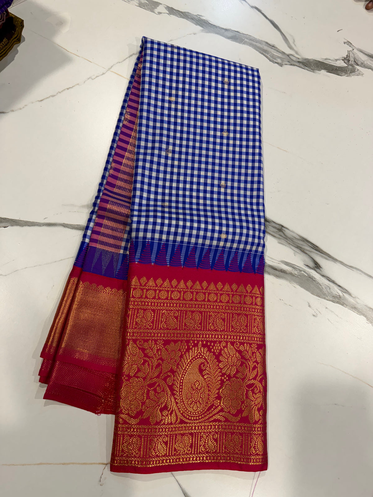 SGC-2500 Madras checks gadwal Blue  n pink border saree