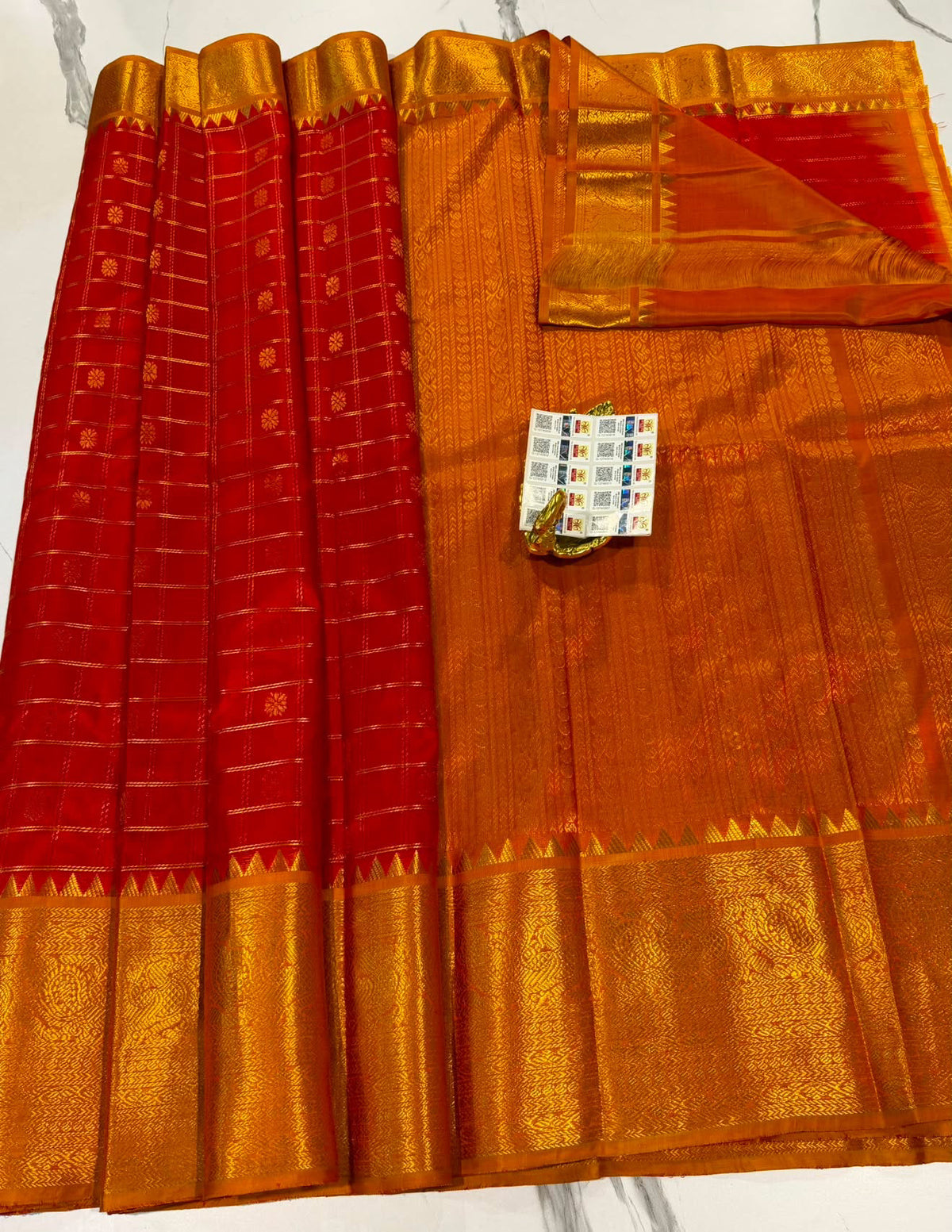 PHV-115 red n mustard yellow border pure handloom vintage kanchi saree
