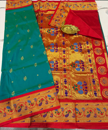 PV-3500 Rama blue Paithani moor popet borders saree
