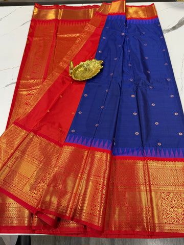 VG2 semi Gadwal navy blue and red border saree
