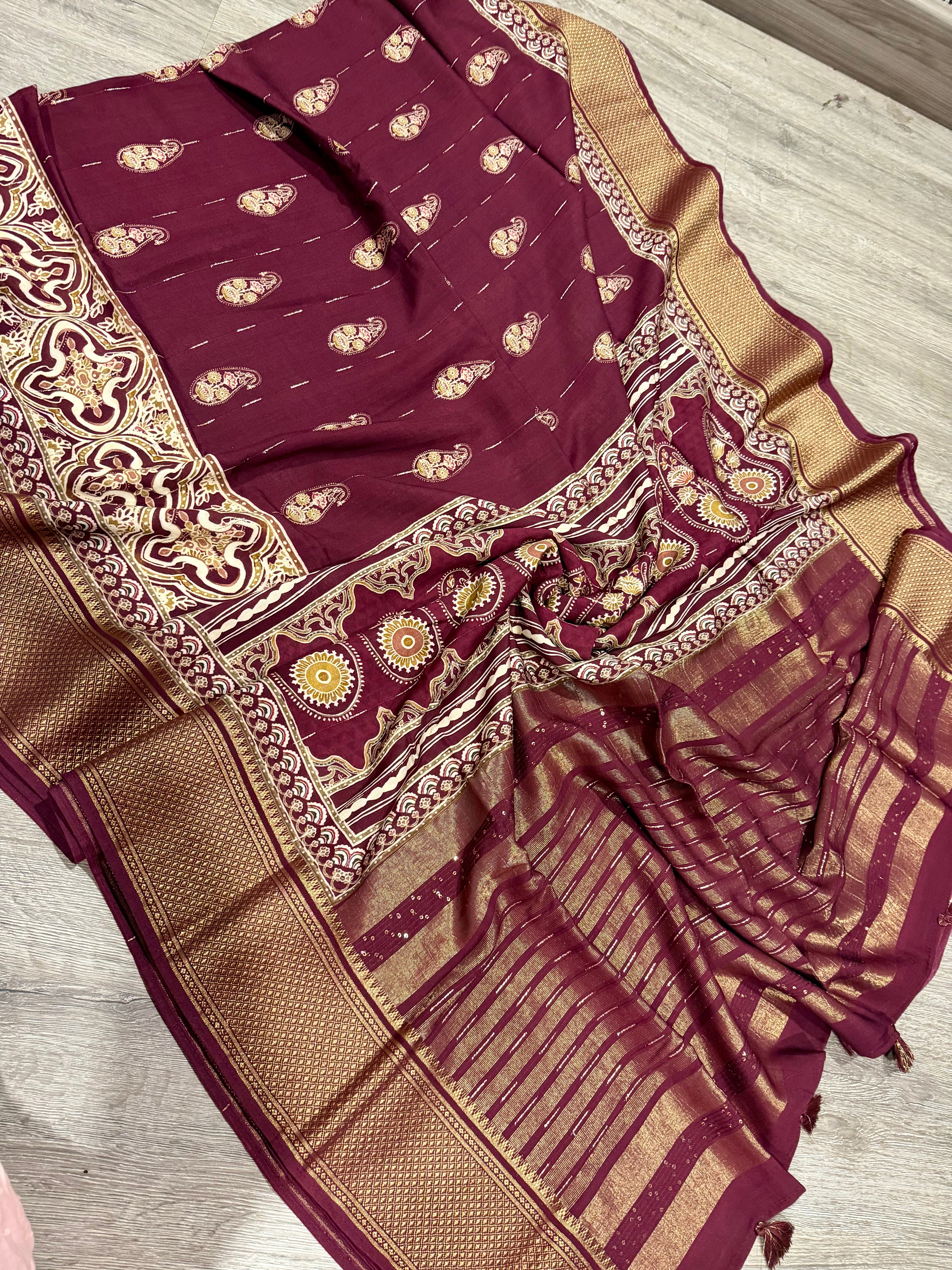 Mc2499 Maroon Saree Ajrak Mull cotton