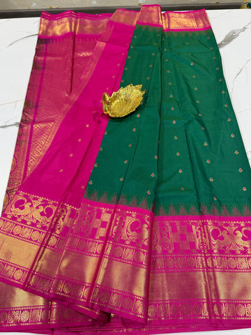 VG2 semi Gadwal green with and pink border saree