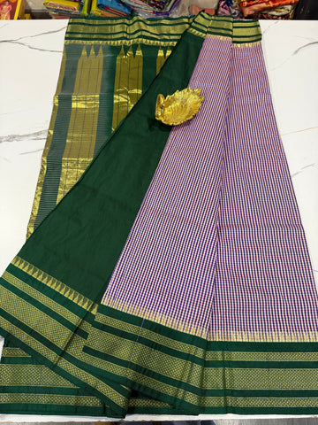 LD-N22 narayanape purple n white checks and bottle green border saree