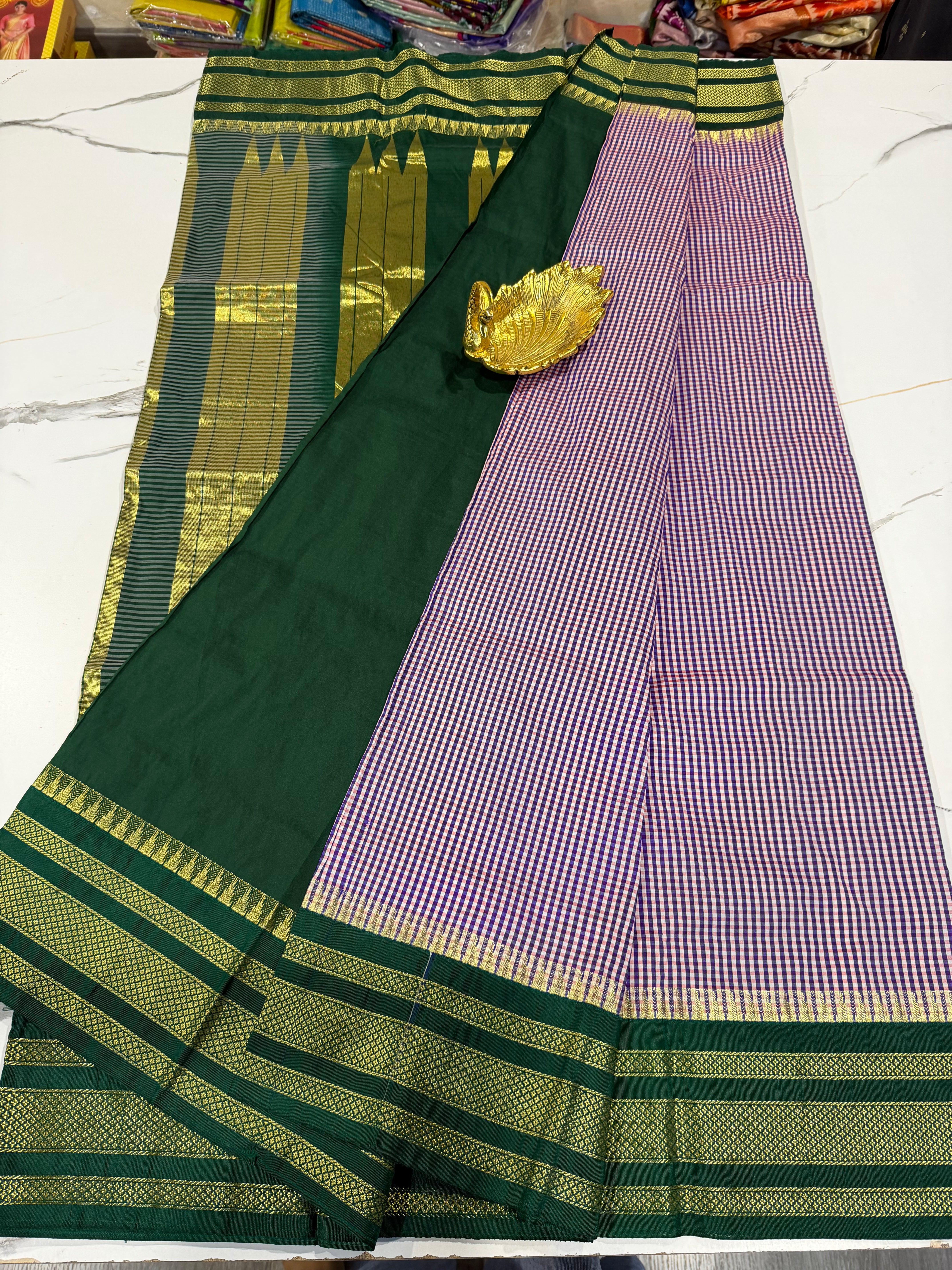 LD-N22 narayanape purple n white checks and bottle green border saree