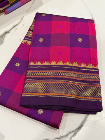 M-3450 purple n pink Madras checks Narayanpet saree