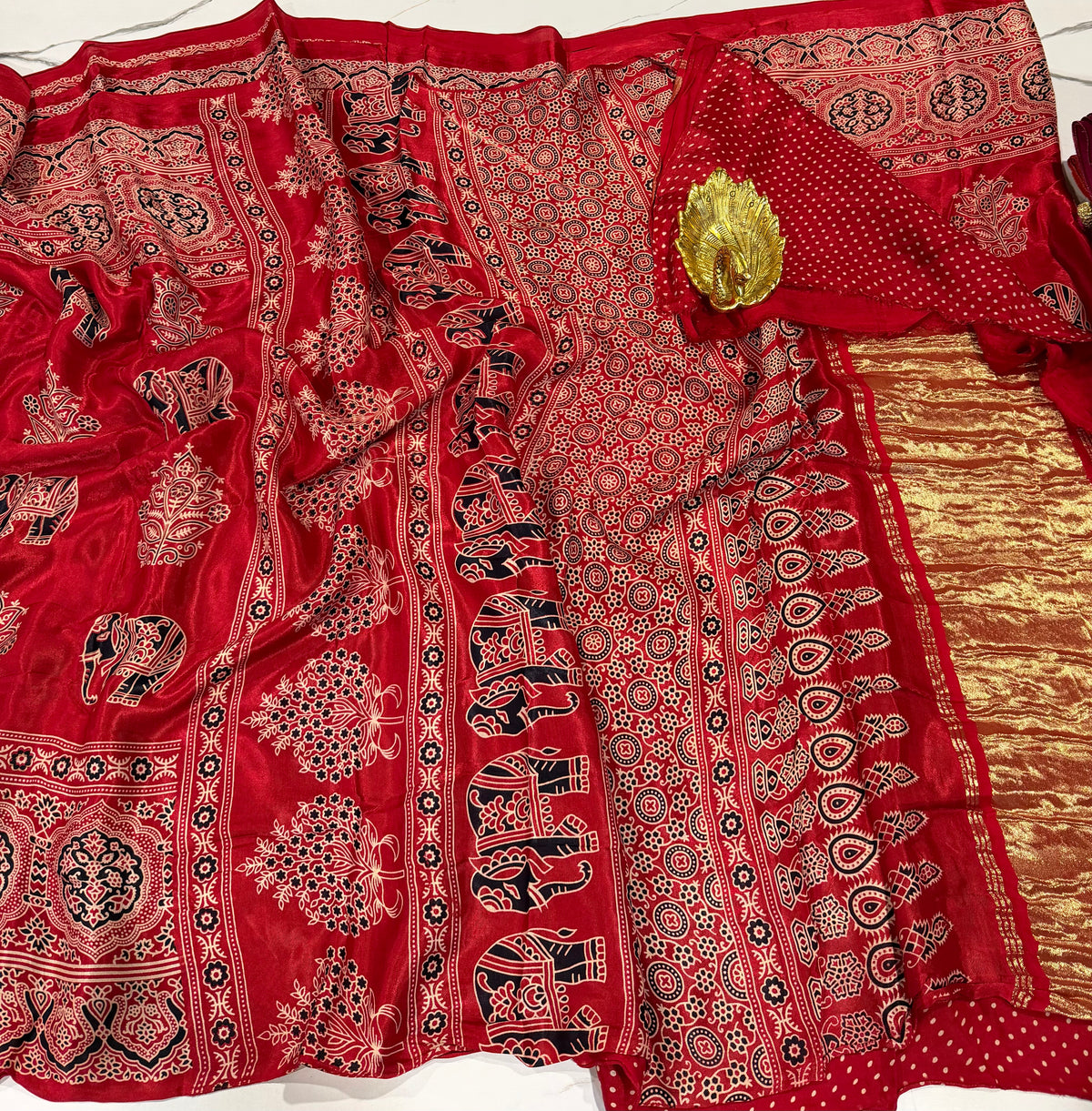 Sri-2150 Red Ajrak prints Gaji silk saree