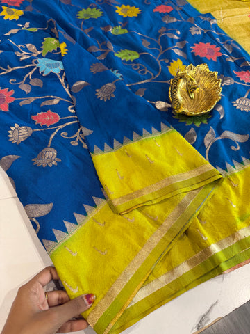 SMJ-1899 royal blue and lemon yellow border semi Georgette jamdani saree