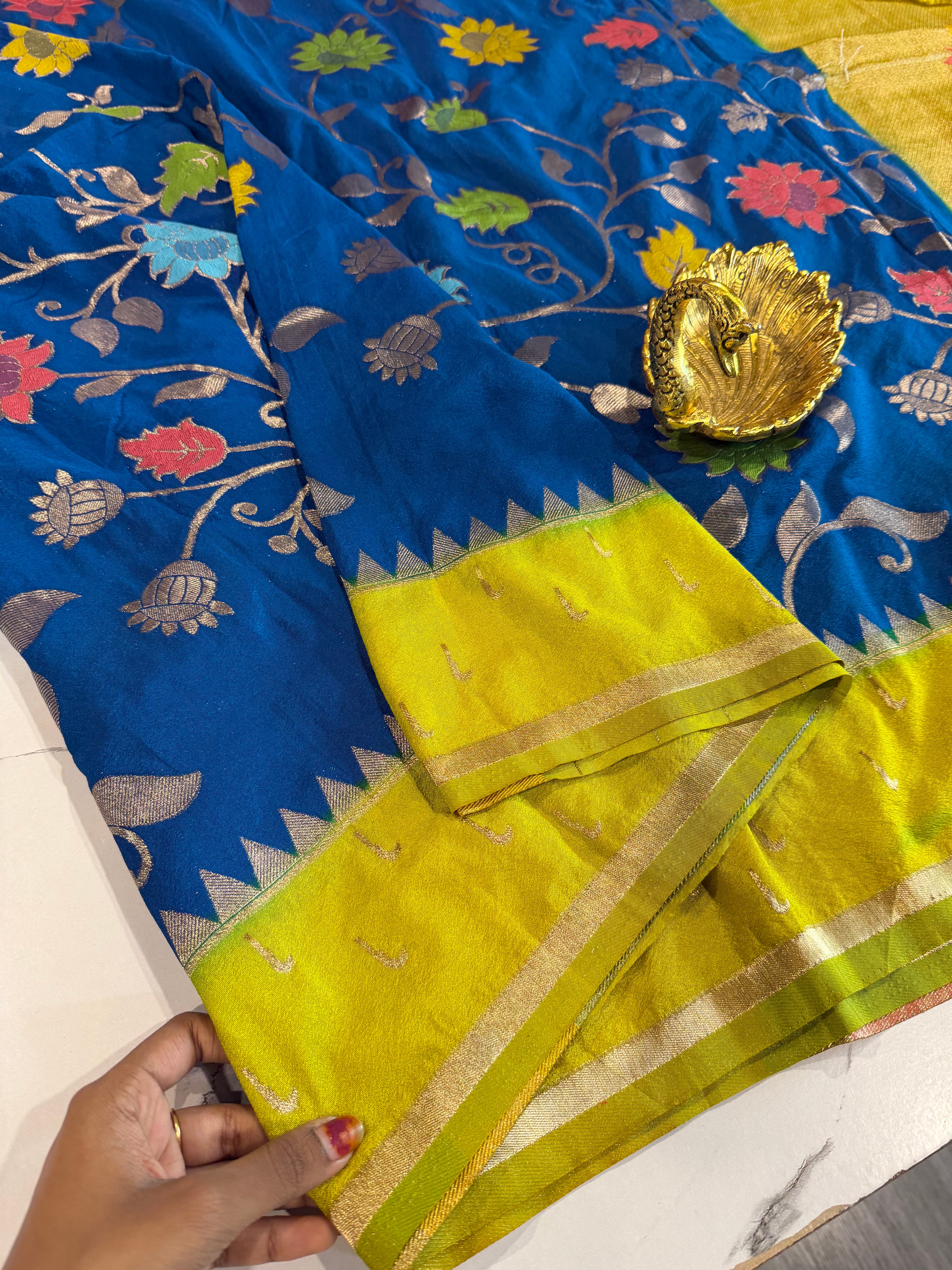 SMJ-1899 royal blue and lemon yellow border semi Georgette jamdani saree