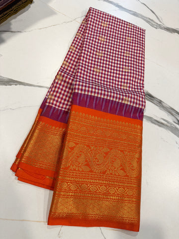 SGC-2500 Madras checks gadwal purple n Orange border saree