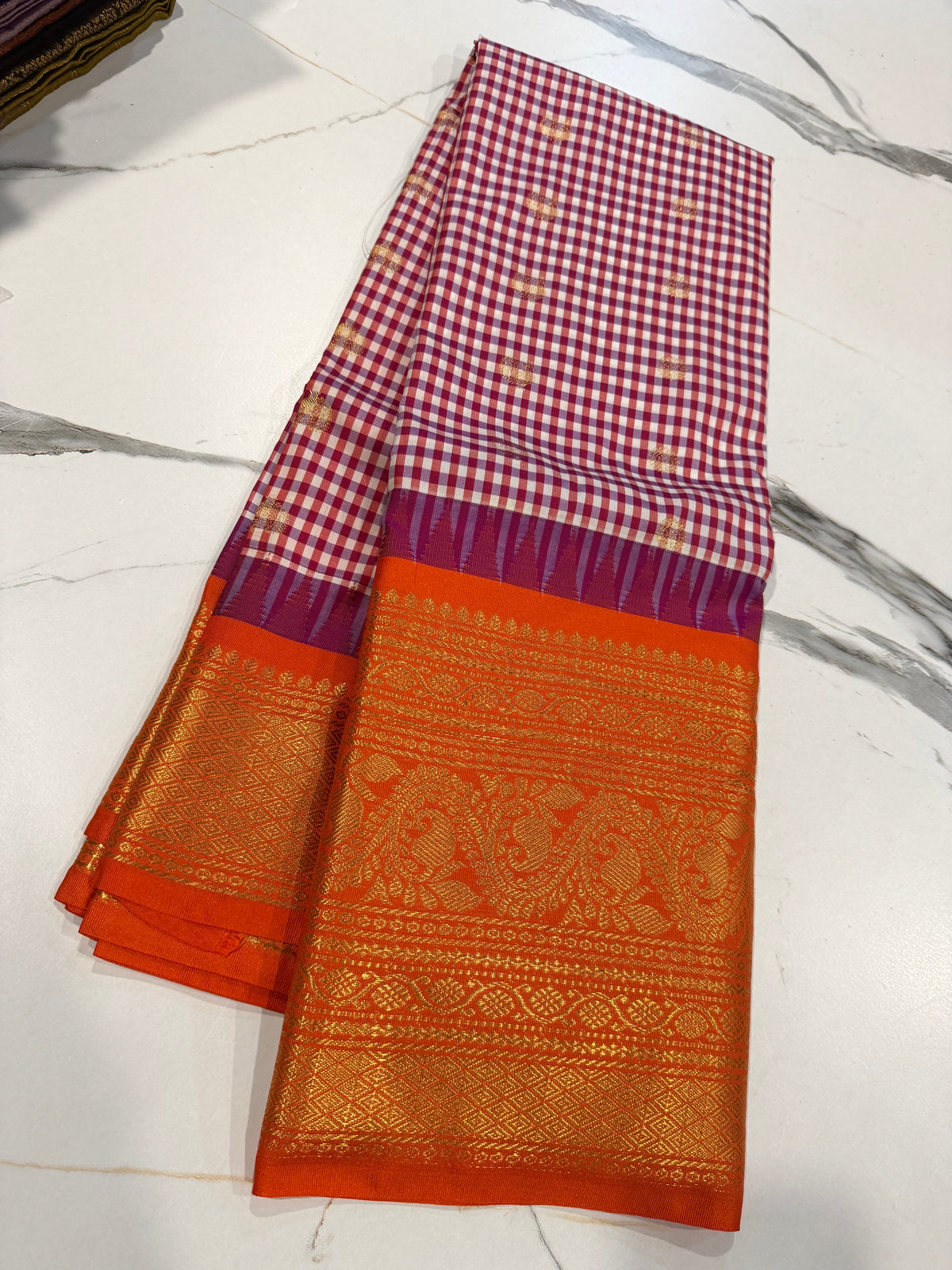 SGC-2500 Madras checks gadwal purple n Orange border saree