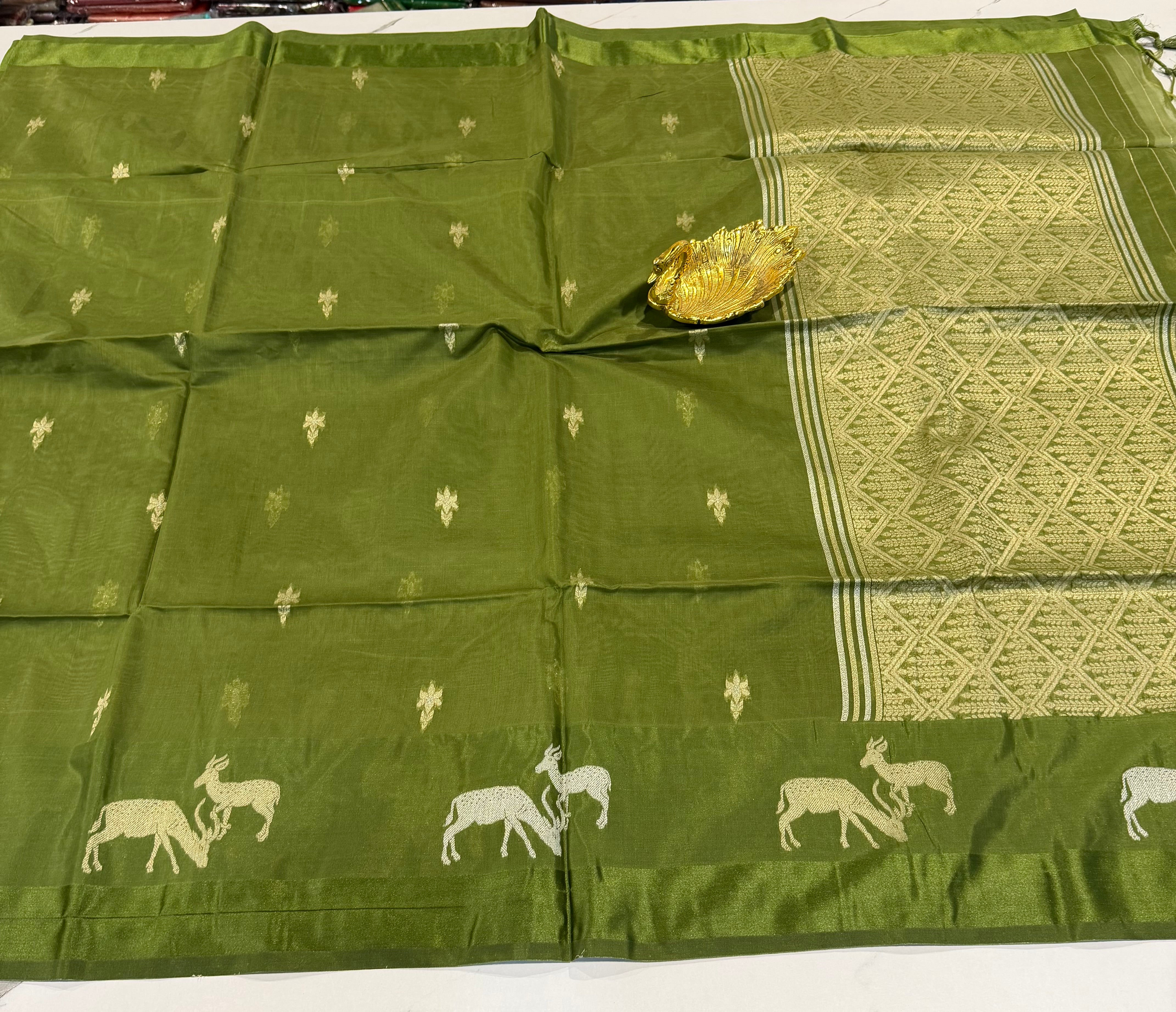 CR-21 green Kora jamdani semi sarees