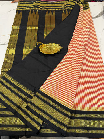 LD-N22 narayanapet rust orange n white checks and black border saree