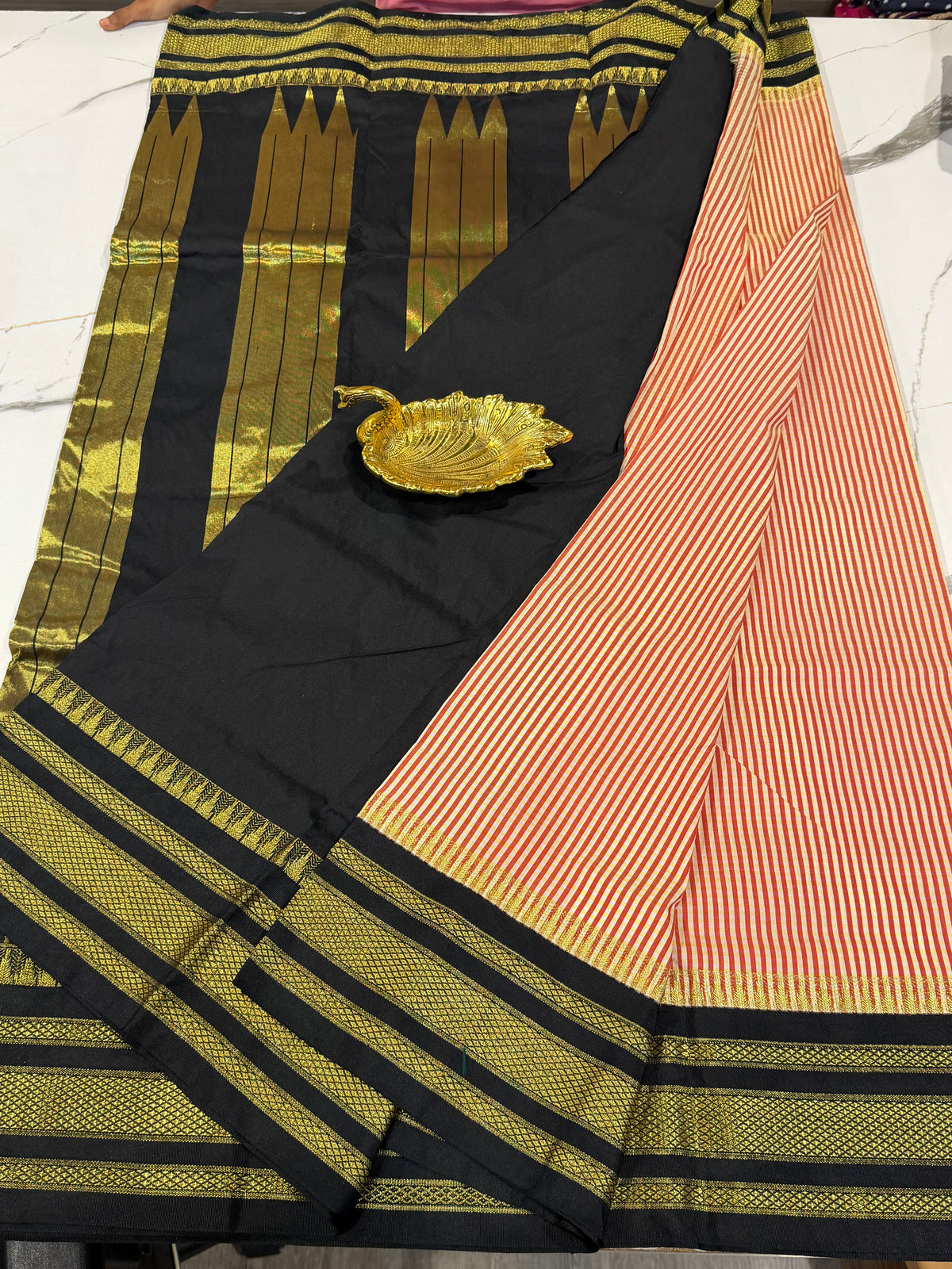 LD-N22 narayanapet rust orange n white checks and black border saree