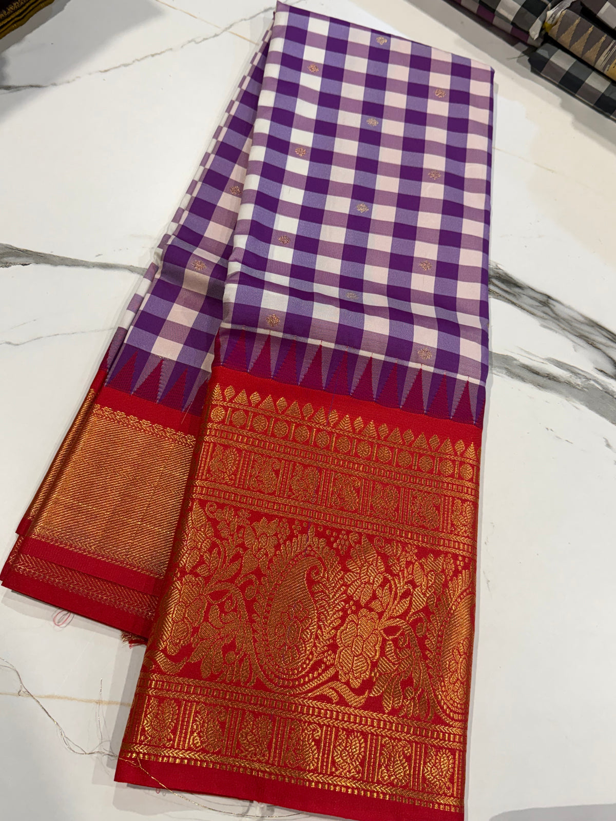 SGC-2500 Madras checks gadwal purple and Red border saree