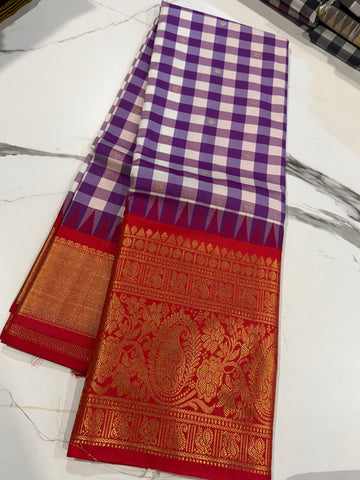 SGC-2500 Madras checks gadwal purple and Red border saree