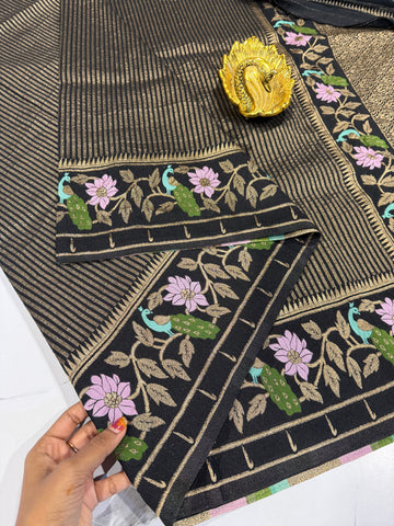 Gv-1950 black Banaras green mango saree