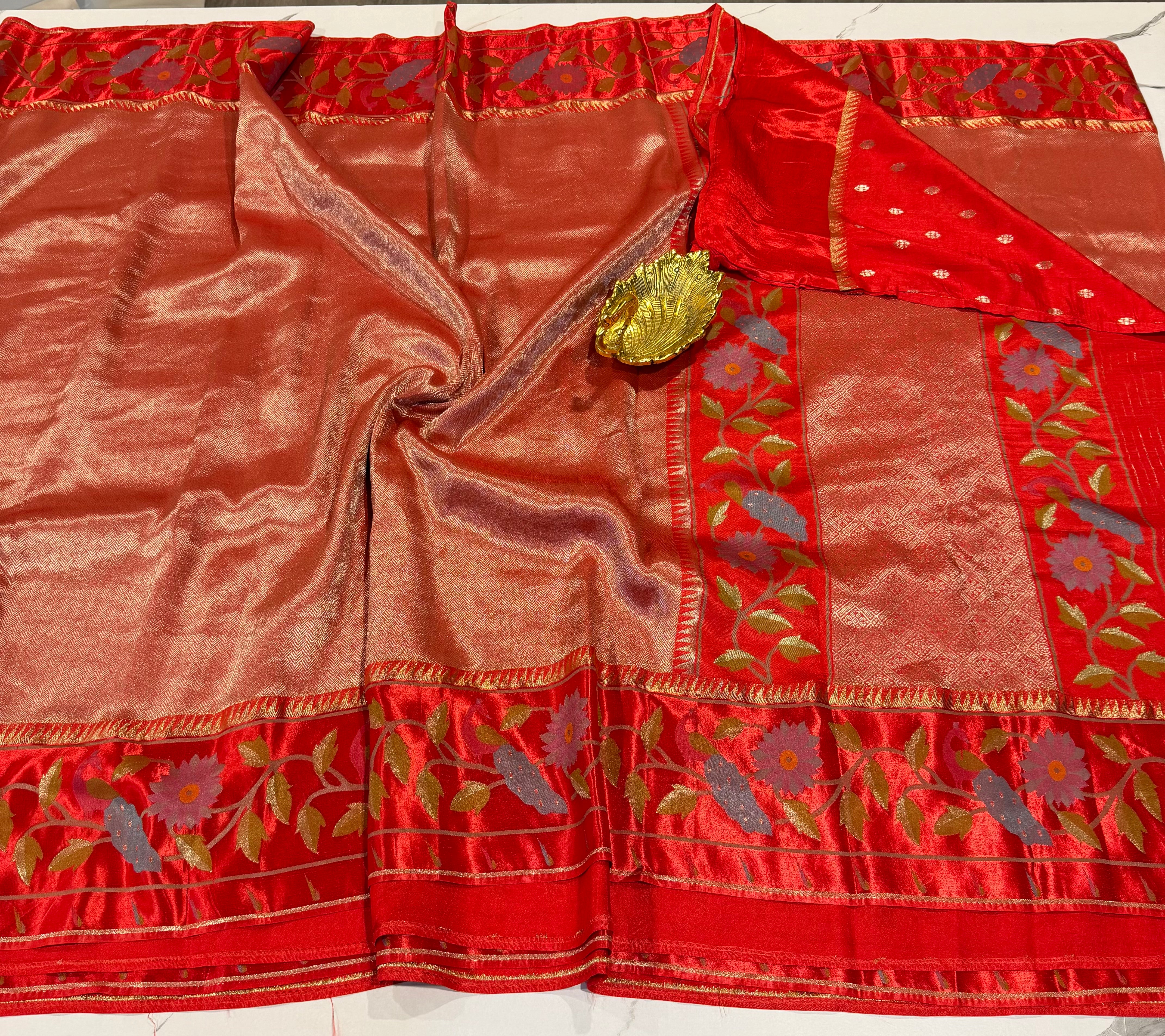 KT-53 Dark orange kanchi tissue paithani borders saree