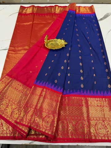 VG2 semi Gadwal navy blue and pink border saree