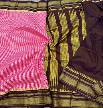 Nc-23 pink n white checks brown borders Narayanpet ilkal checks saree