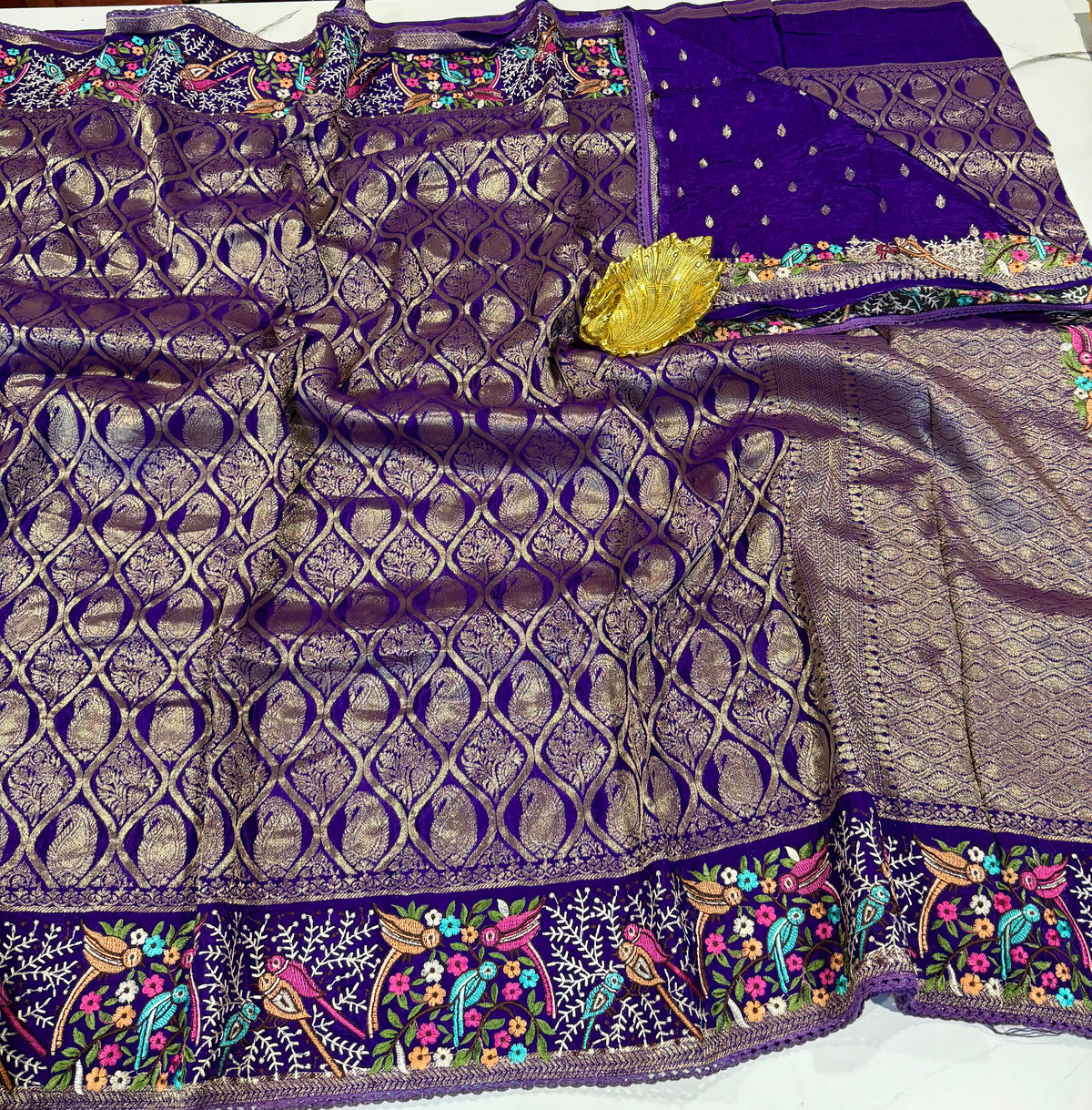 PH-3499 violet Banaras katan Pettit work saree