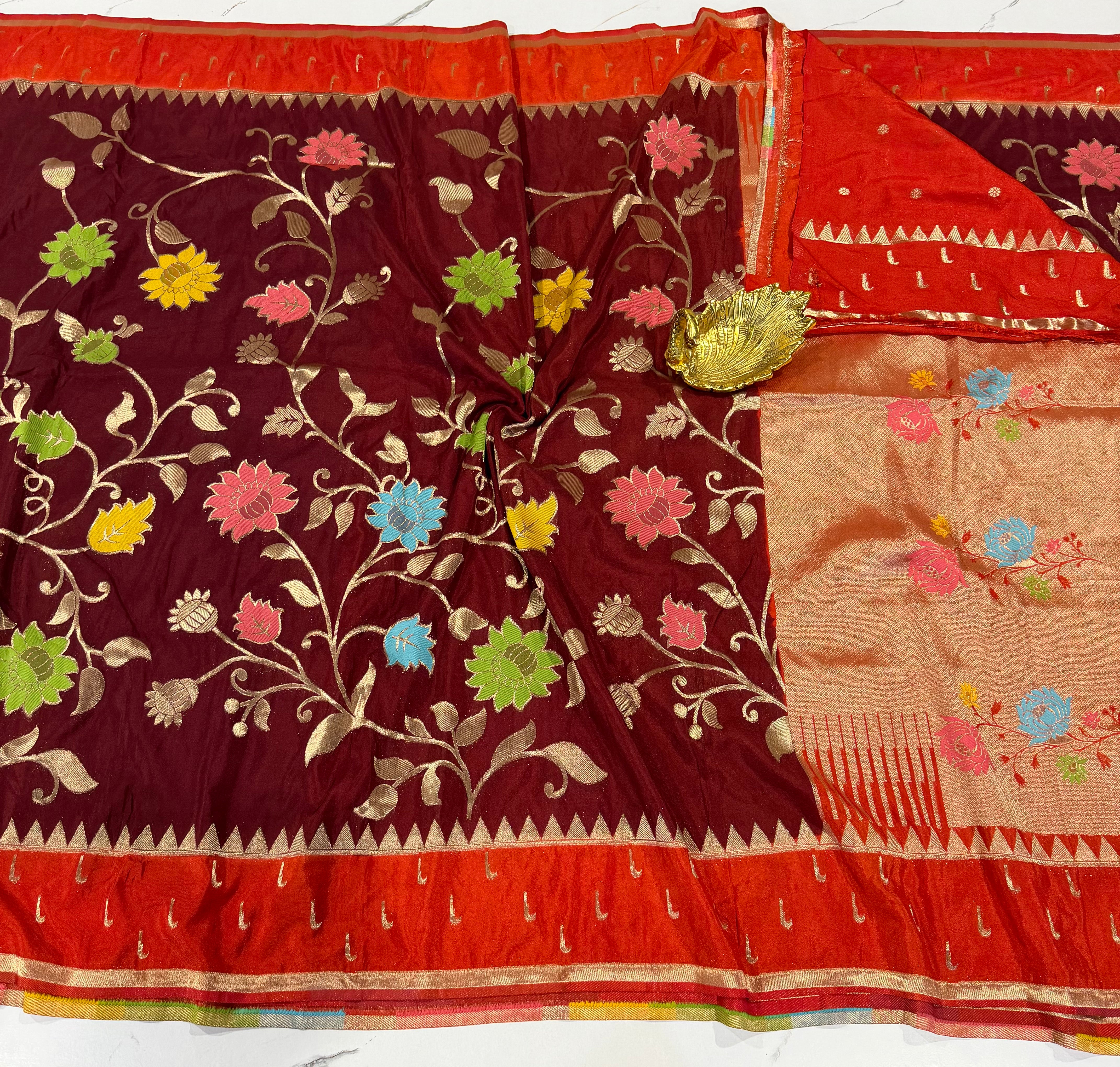 SMJ-1899 brown and orange border semi Georgette jamdani saree