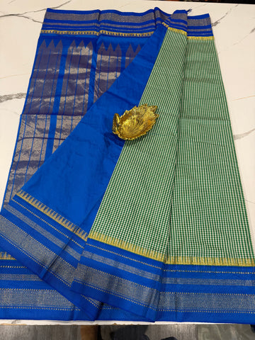 LD-N22 narayanape green n white checks and royal blue border saree
