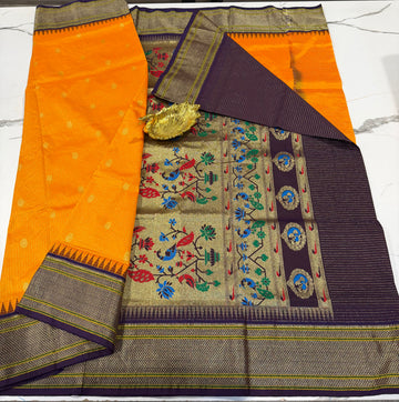 LD-NG25 dark yellow and brinjal border saree
