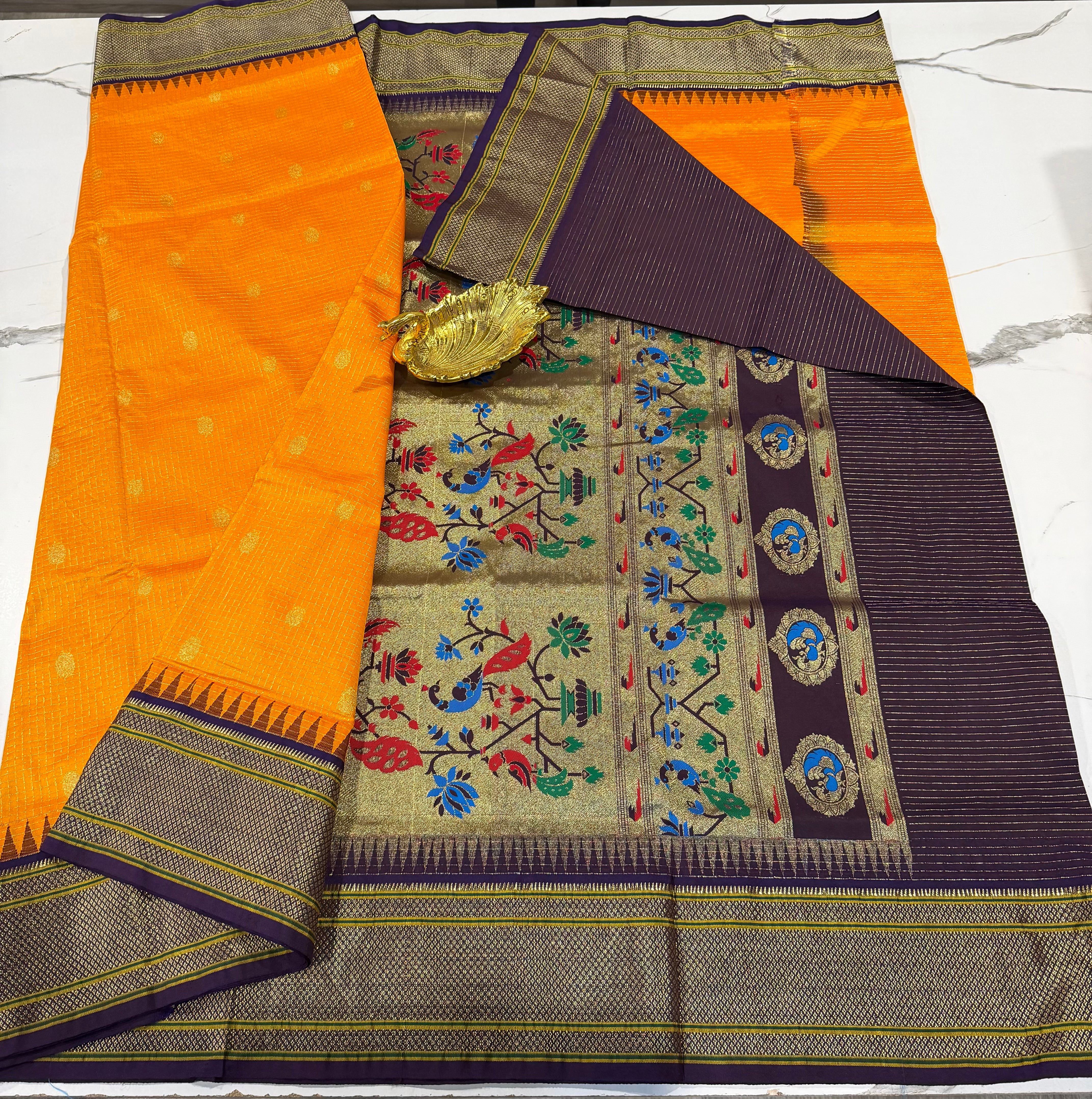 LD-NG25 dark yellow and brinjal border saree