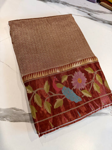 KT-5 brown colour kanchi tissue saree