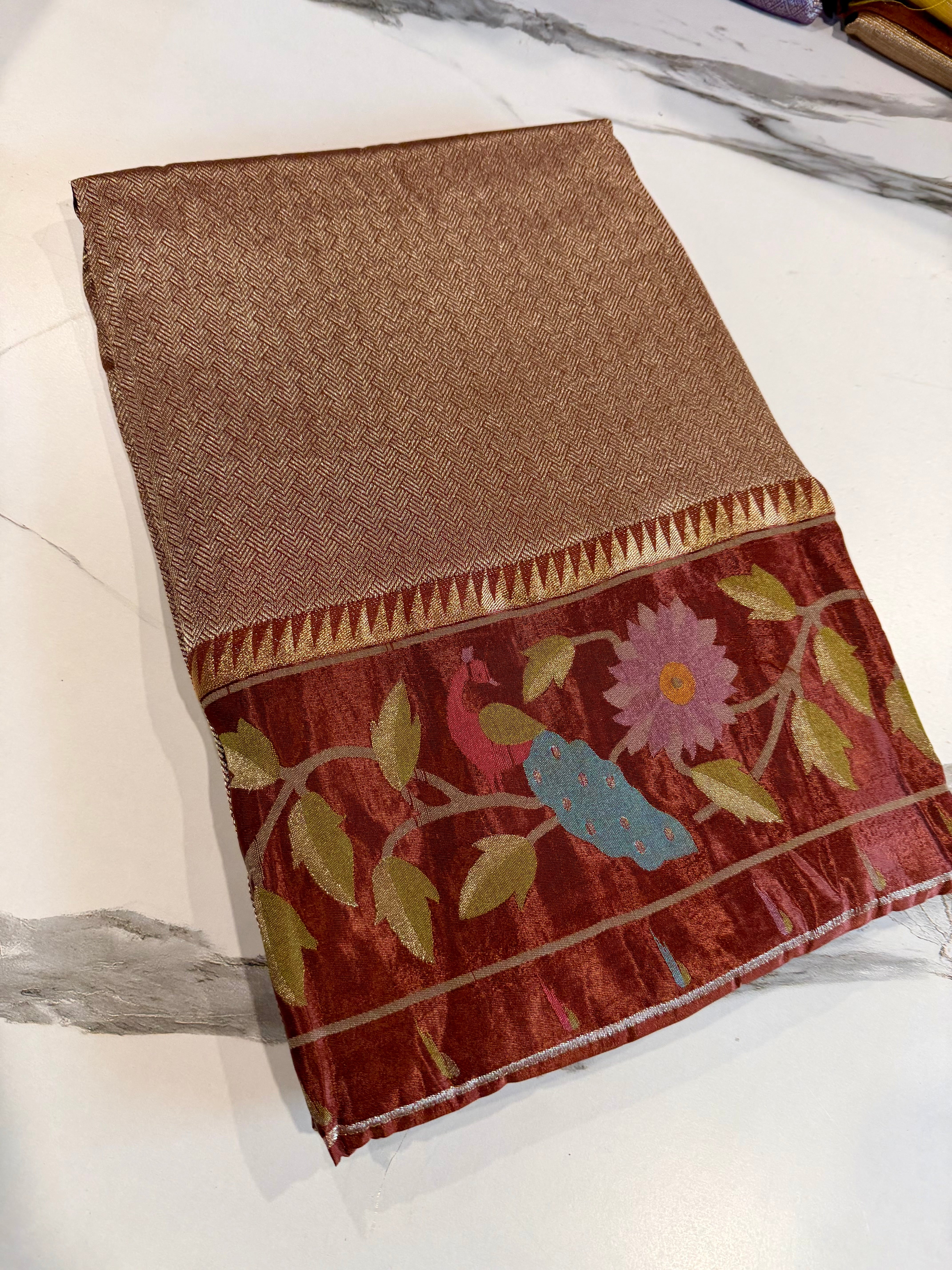 KT-5 brown colour kanchi tissue saree