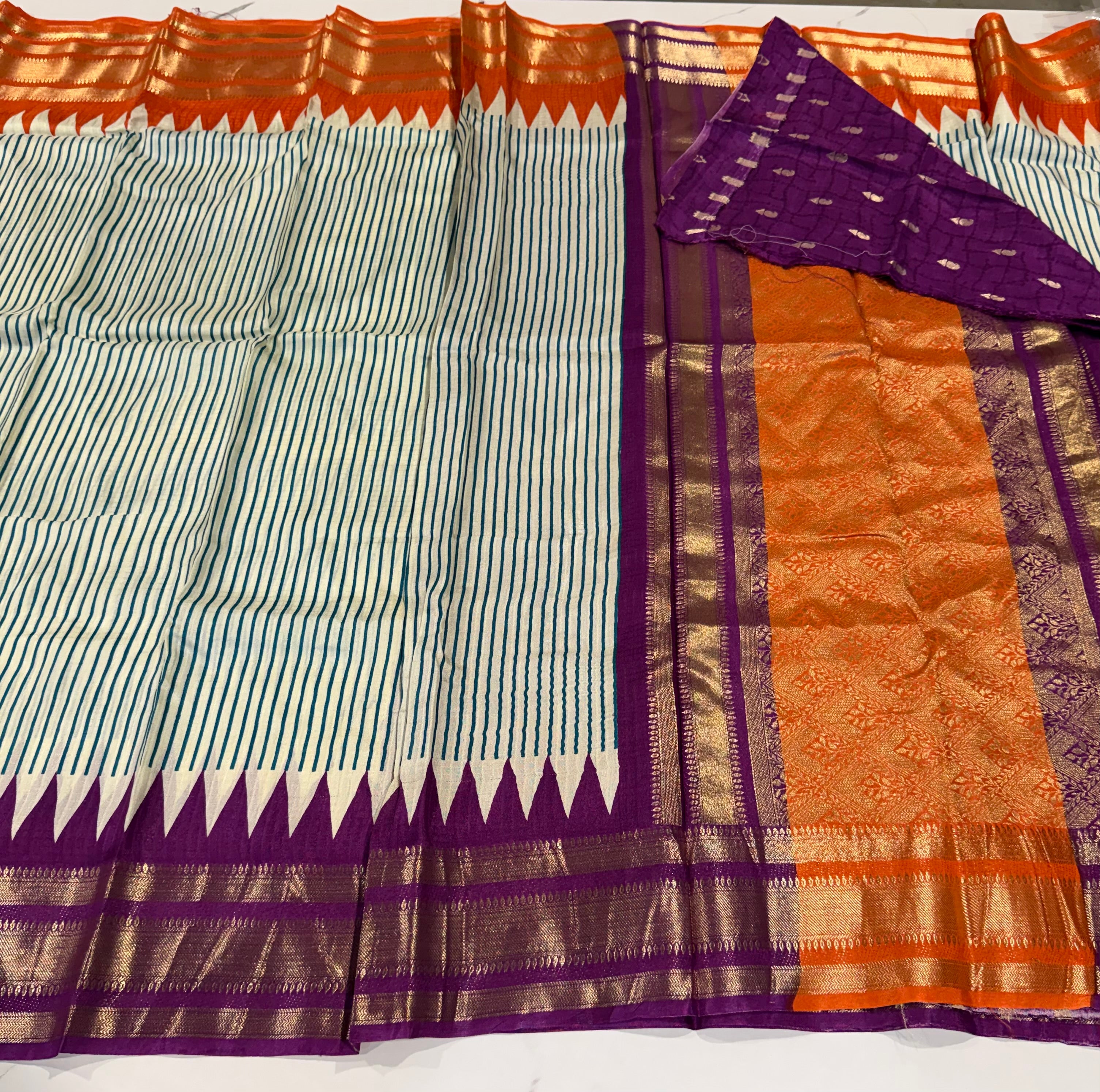 LD-M2650 cream stripes orange and wine Ganga Jamuna saree