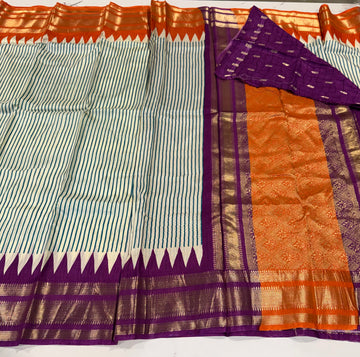 LD-M2650 cream stripes orange and wine Ganga Jamuna saree