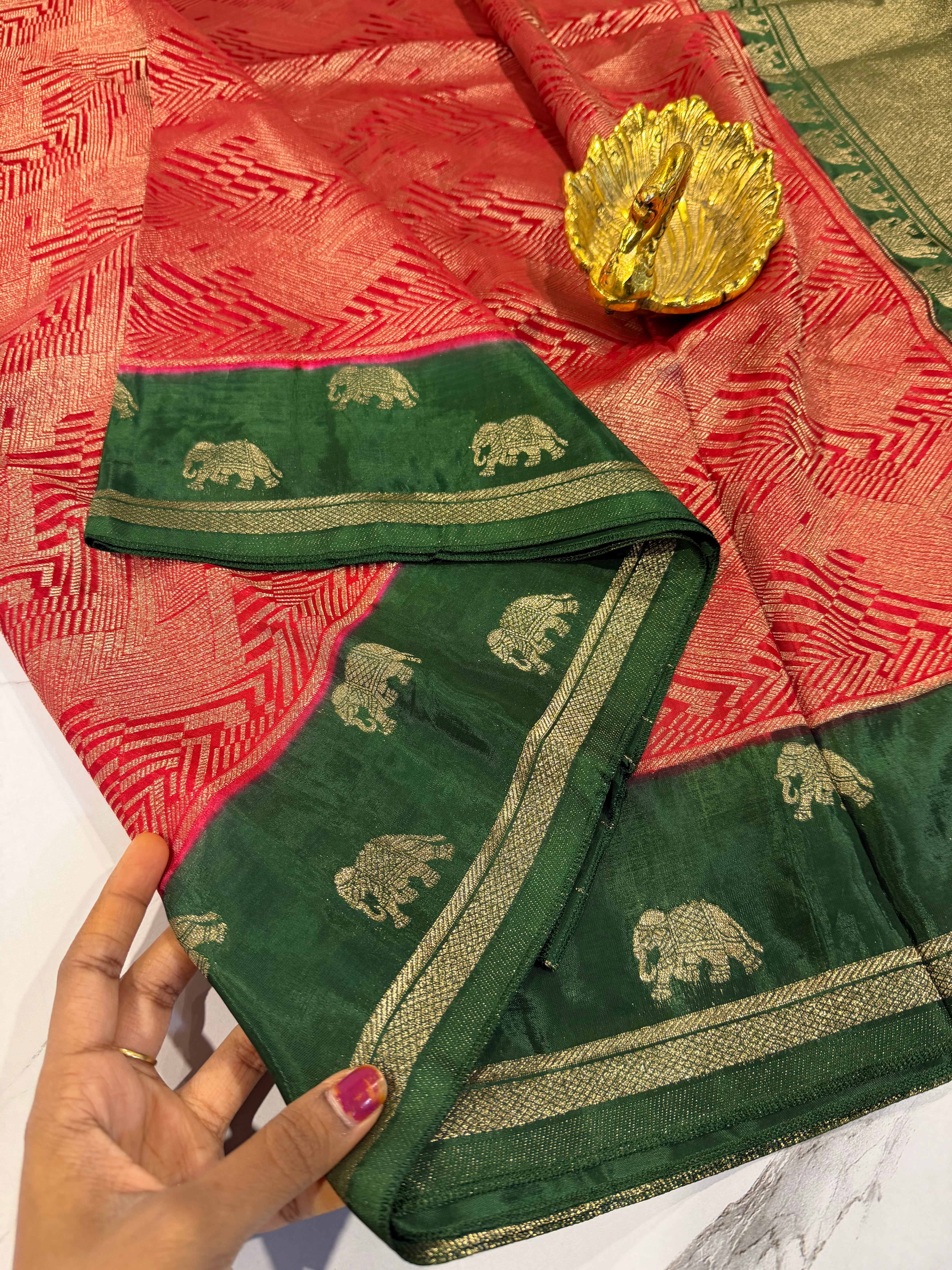 KW-2549 Red n Green saree Kanchi green mango