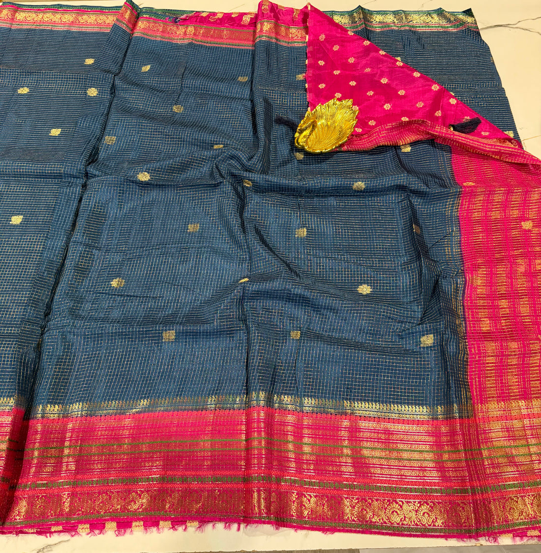 VN-2450 peacockblue n pink  vintage Narayanpet saree