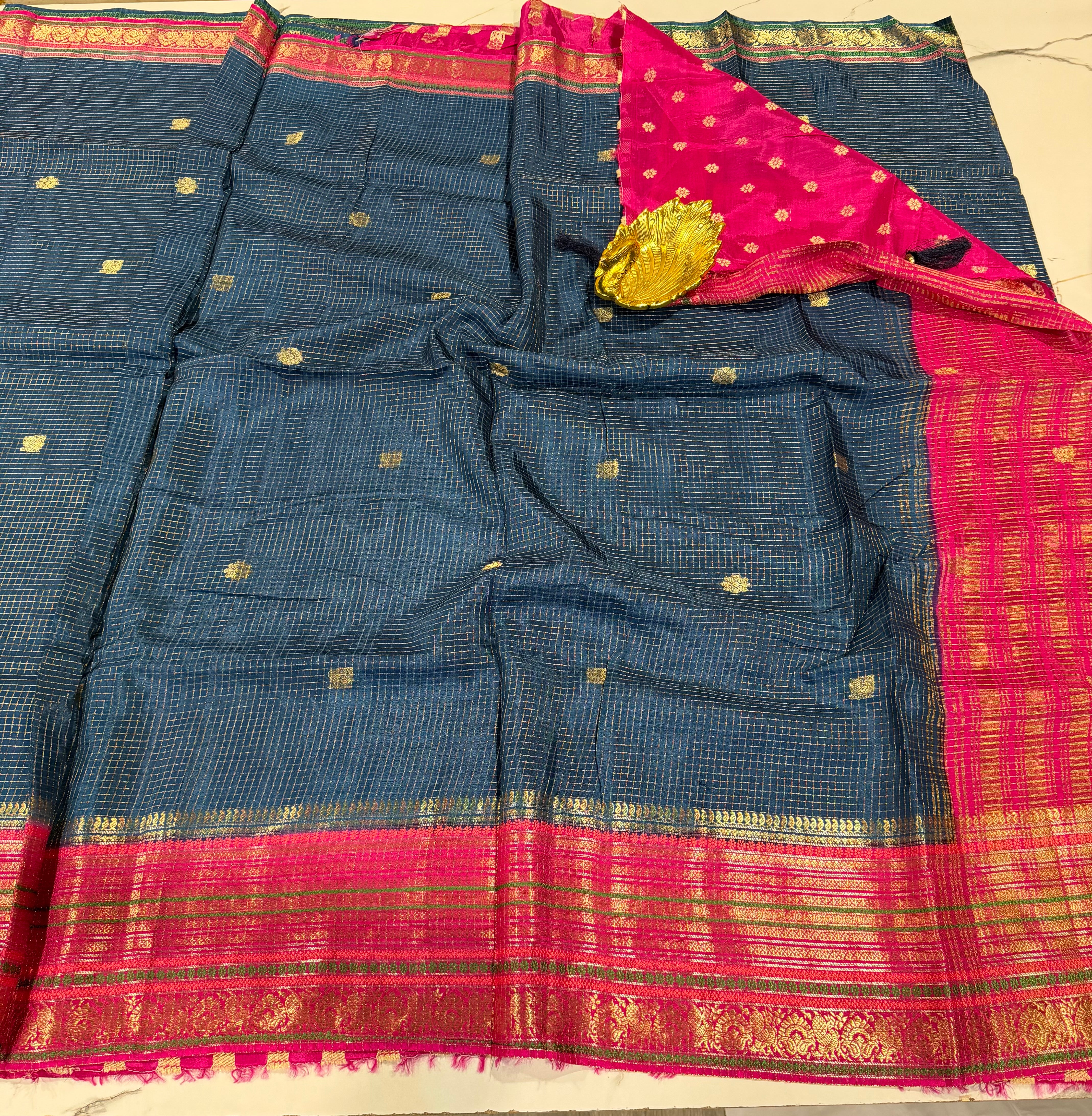 VN-2450 peacockblue n pink  vintage Narayanpet saree