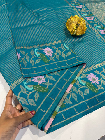 Gv-1950 Krishna blue Banaras green mango saree