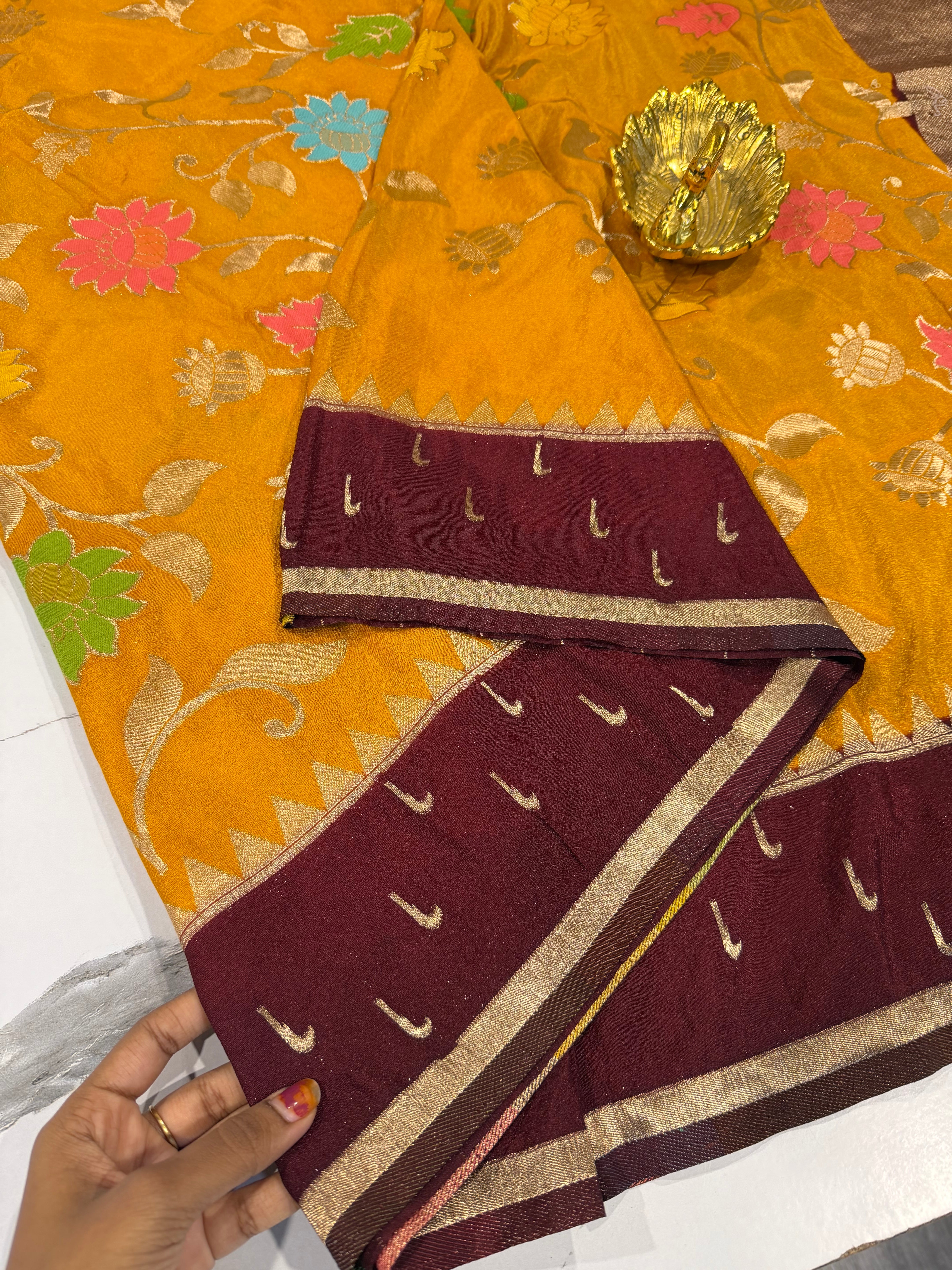 SMJ-1899 yellow and brown border semi Georgette jamdani saree