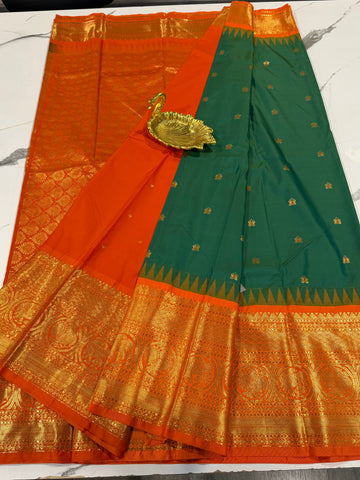 VG2 semi Gadwal leaf green and orange saree