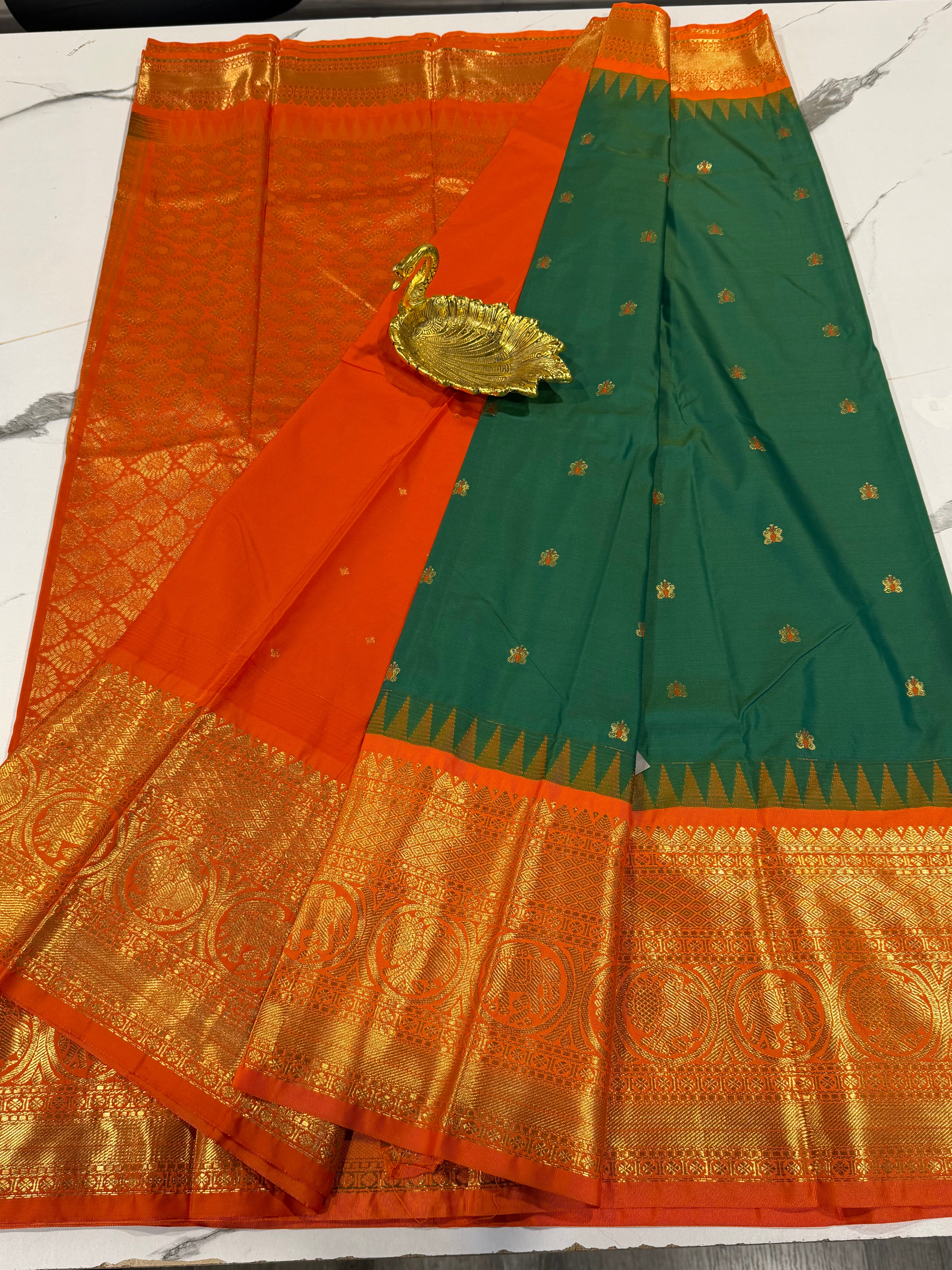 VG2 semi Gadwal leaf green and orange saree