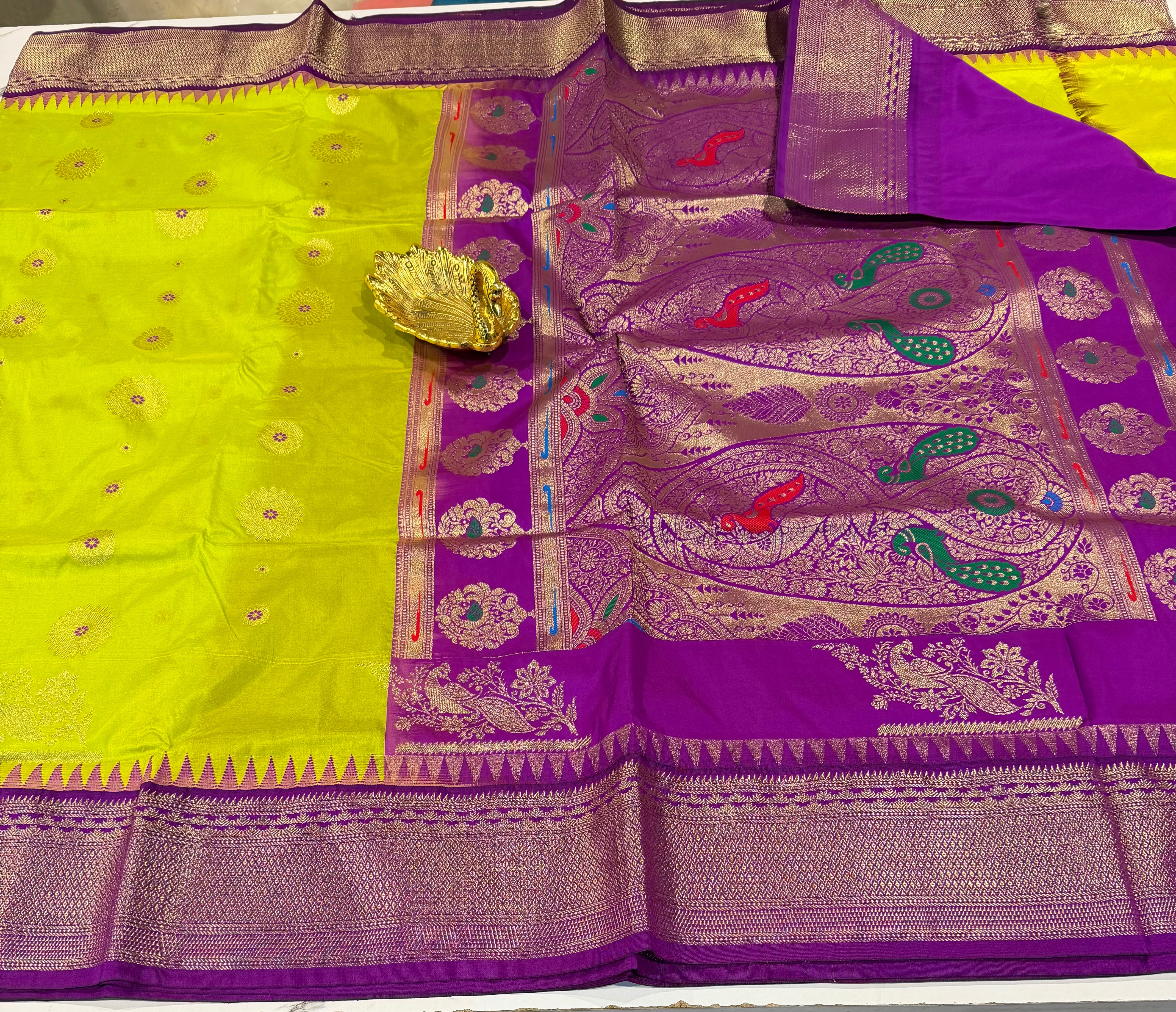 SN-35 Semi narayanpet lime green and purple border saree