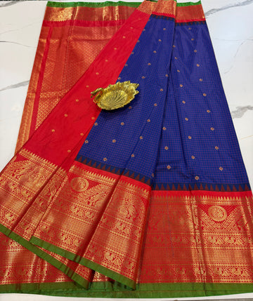 VG2 semi gadwal dark blue and red border saree