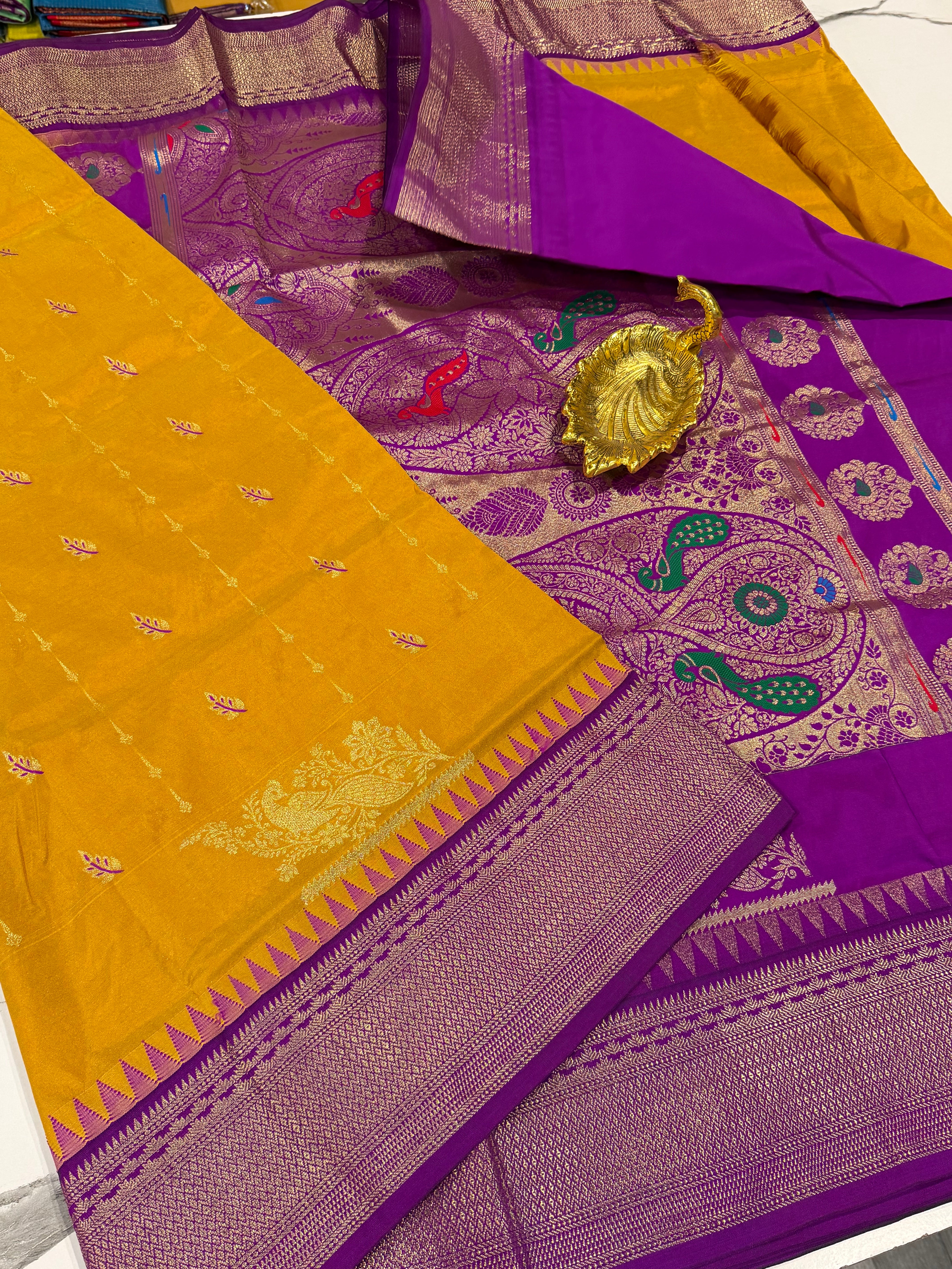 LD-NL35 semi narayanpet pattu golden yellow and purple border saree