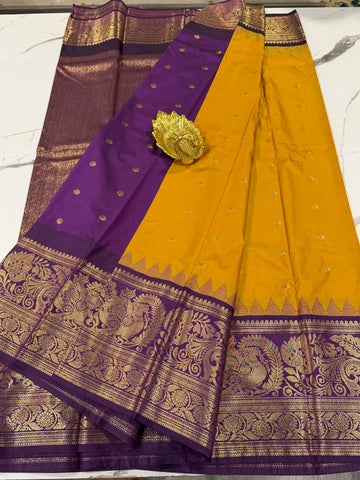 VG2 semi Gadwal mustard yellow and brinjal border saree
